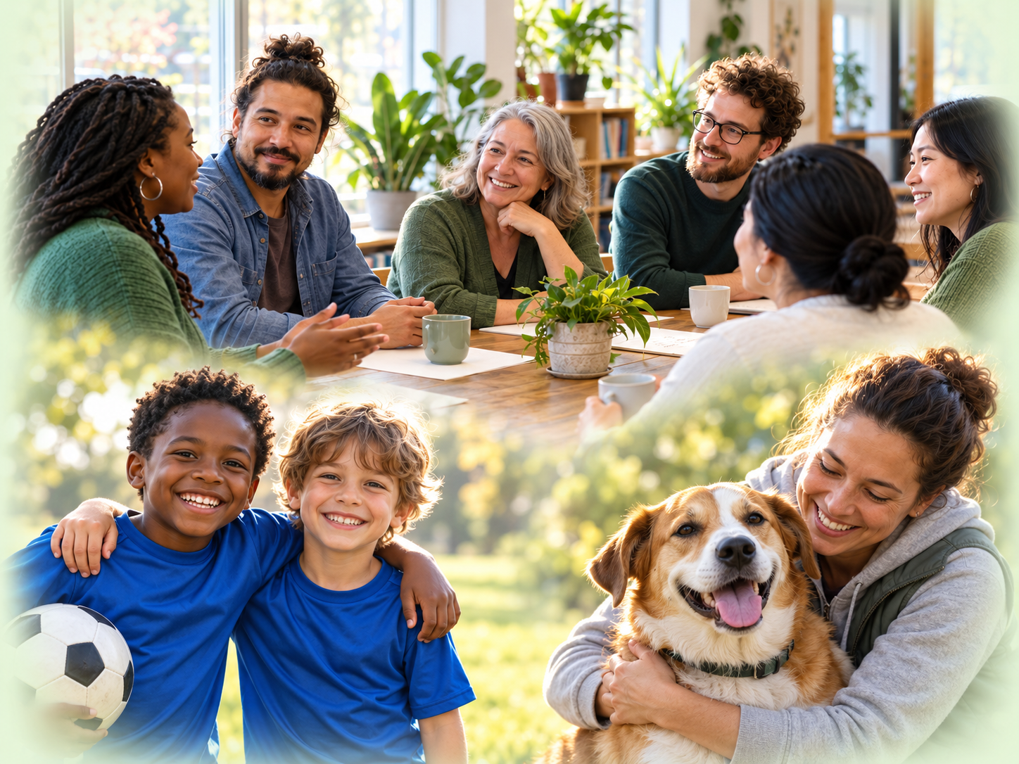 A collage of community volunteers, two young sports teammates, and an animal rescue volunteer with a dog
